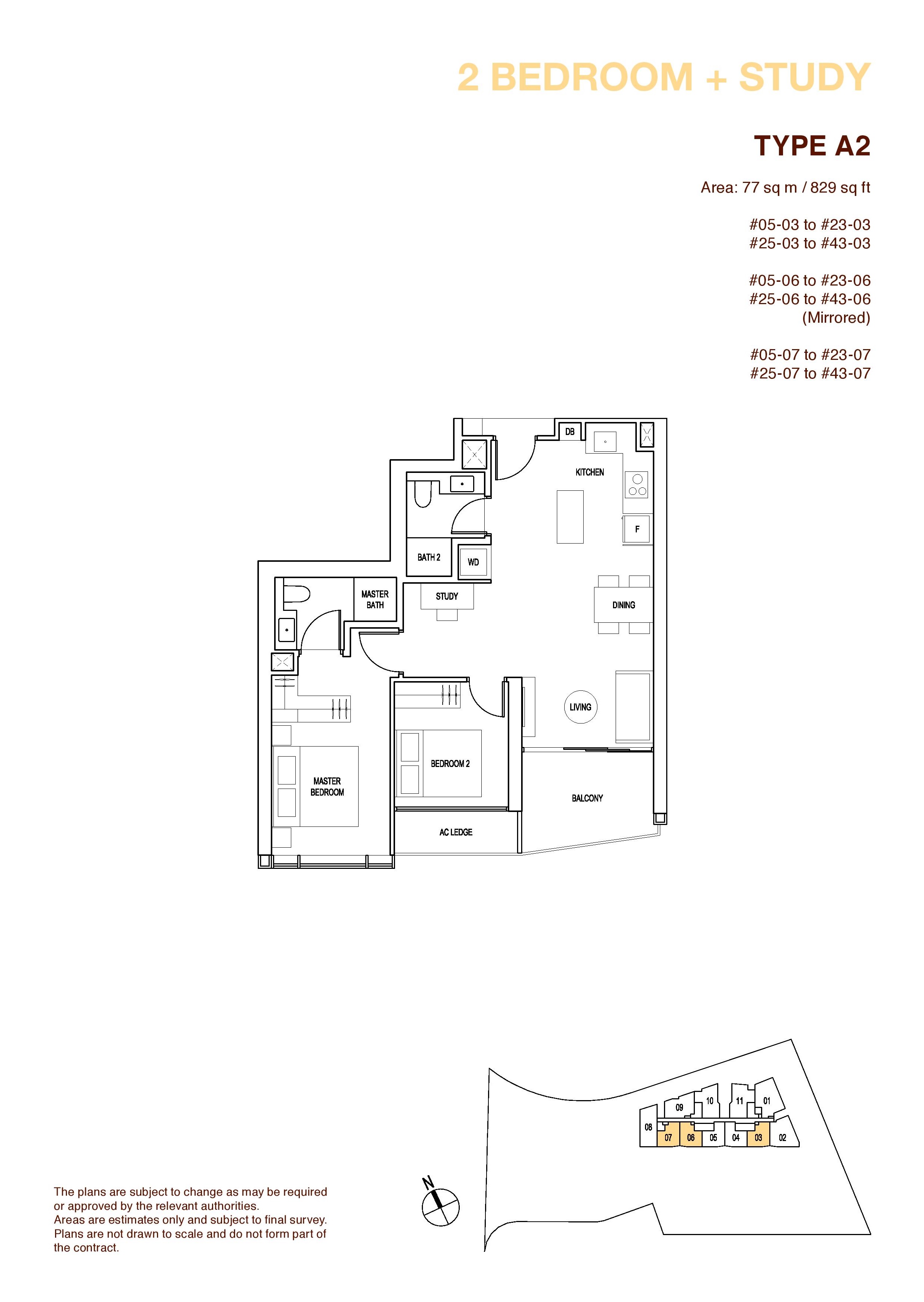 Artra 2 Bedroom + Study Floor Plans Type A2